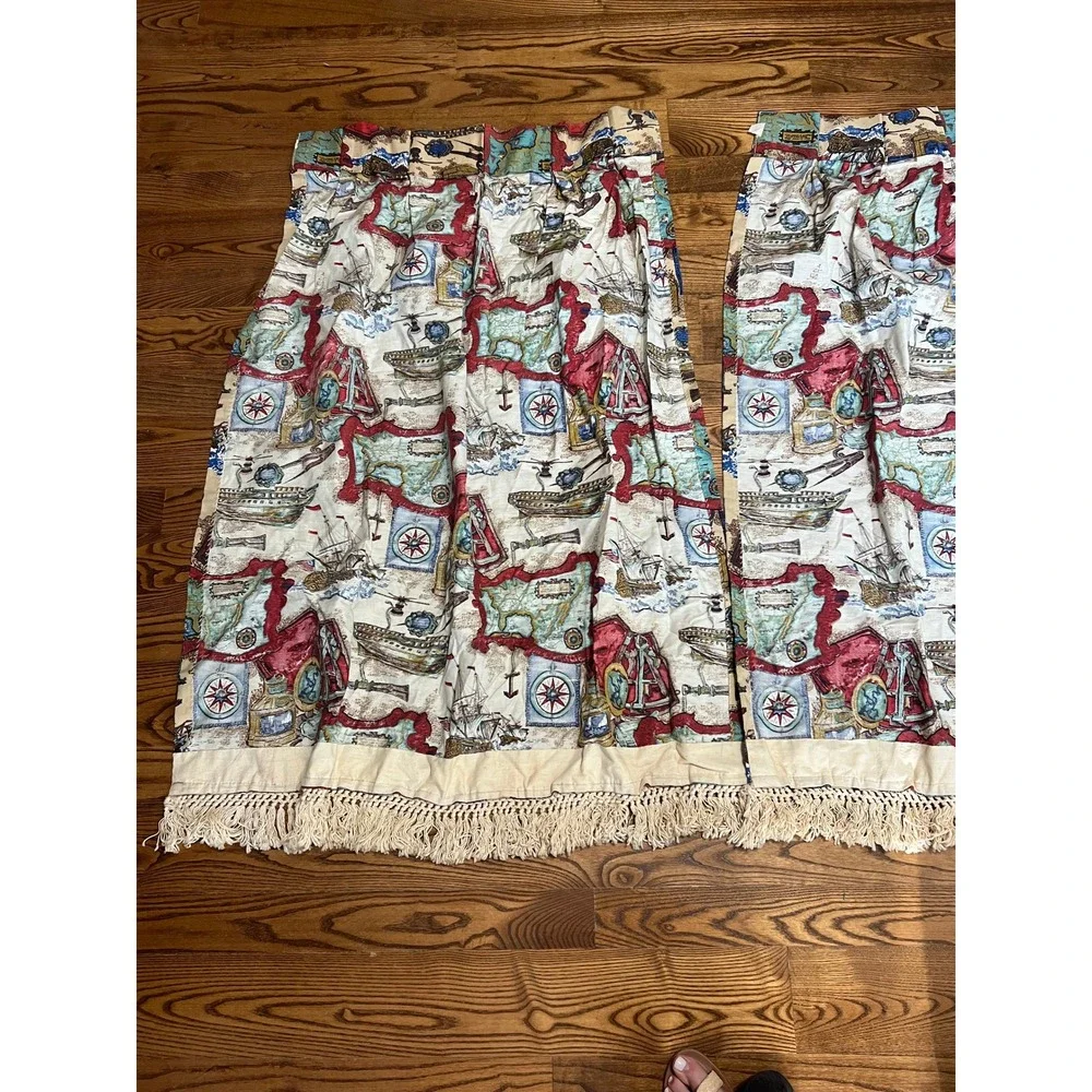 Vintage JC Penny Nautical Map Curtains 2 Panels Folk Art Americana 27x50